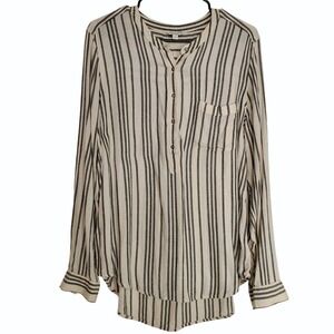 Lucky Brand Striped Collarless Half Button Shirt Long Sleeve Viscose Lg